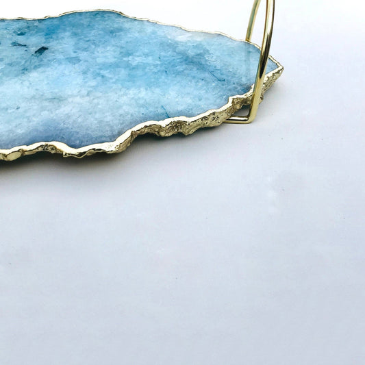 Blue Agate Serving Tray With Brass Loop Handles