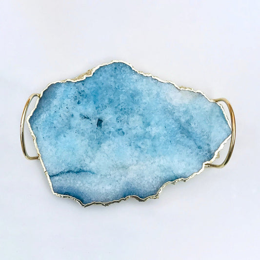 Blue Agate Serving Tray With Brass Loop Handles