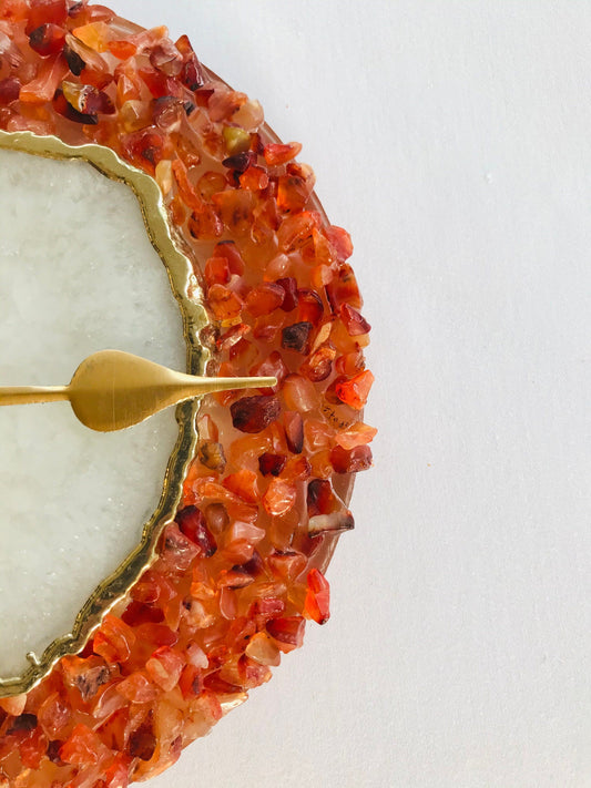 6" Diameter Red Crystal With White Agate Wall Clock